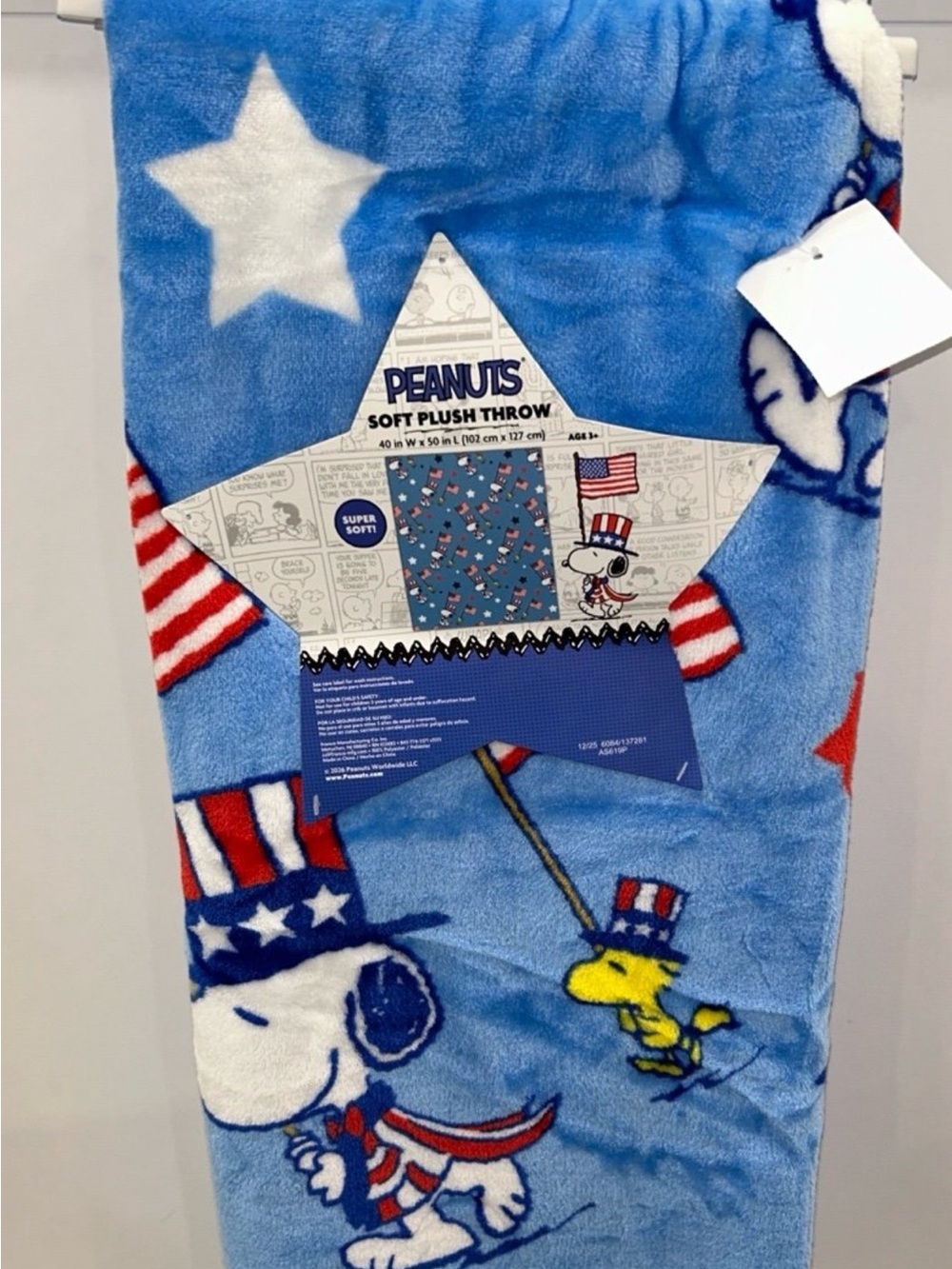 Peanuts Snoopy July 4th Patriotic Soft Plush Throw Blanket 40”x50”